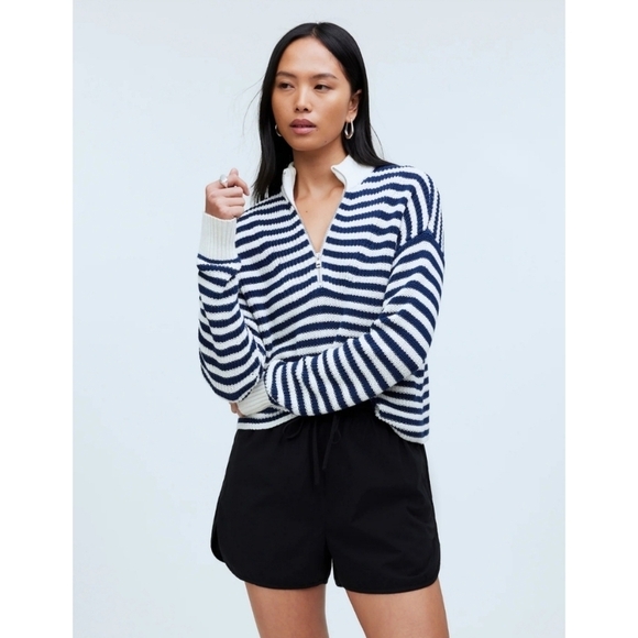 Madewell White And Navy Ribbed Half-Zip Sweater in Stripe - Picture 1 of 12